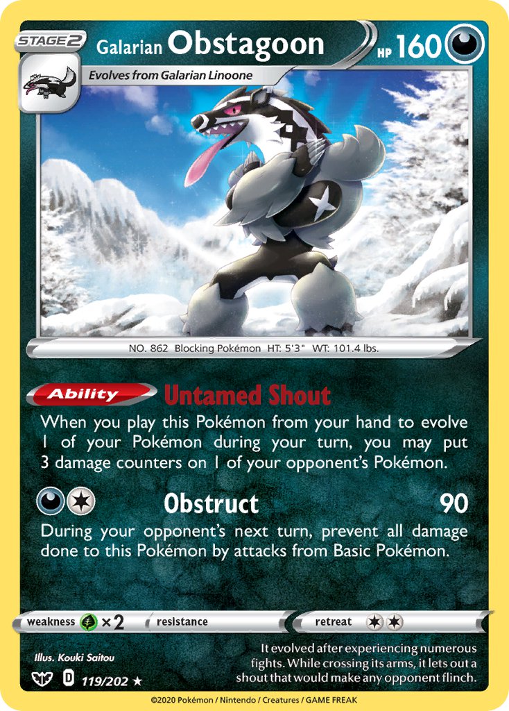 Galarian Obstagoon (119/202) (Theme Deck Exclusive) [Sword & Shield: Base Set] | Dumpster Cat Games
