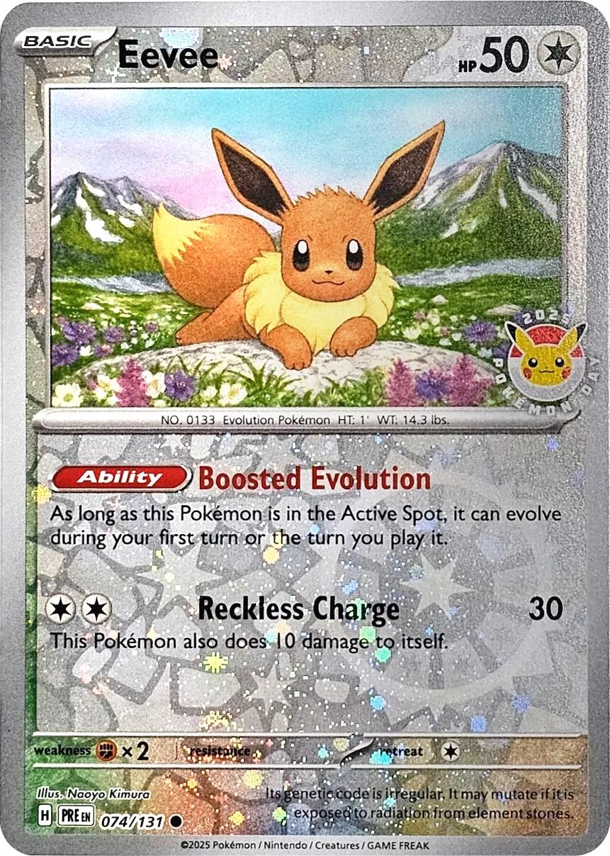 Eevee (074/131) (Pokemon Day 2025) (Reverse Cosmos Holo) [Scarlet & Violet: Prismatic Evolutions] | Dumpster Cat Games