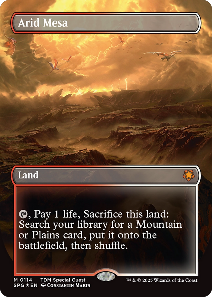 Arid Mesa (Borderless) (Dragonscale Foil) [Tarkir: Dragonstorm Special Guests] | Dumpster Cat Games