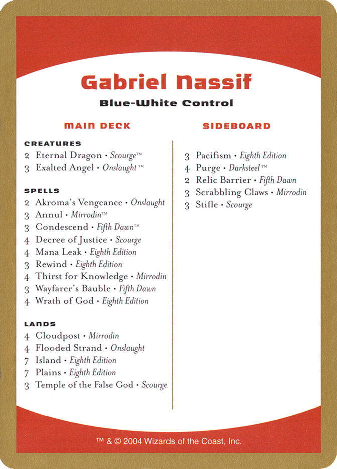 Gabriel Nassif Decklist [World Championship Decks 2004] | Dumpster Cat Games