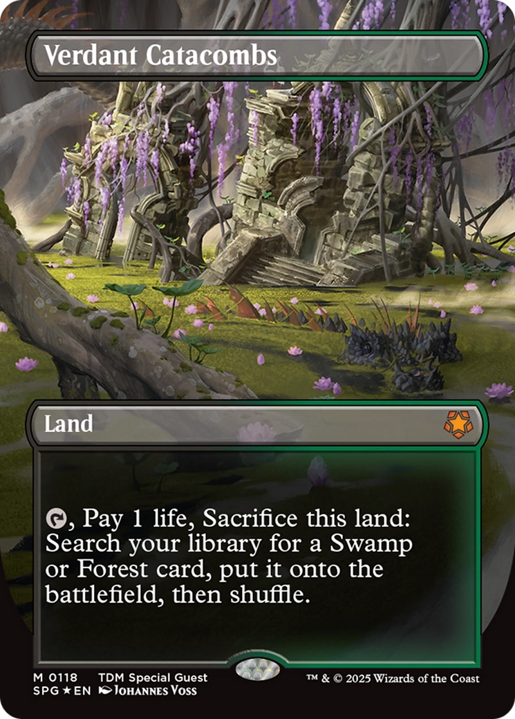 Verdant Catacombs (Borderless) (Dragonscale Foil) [Tarkir: Dragonstorm Special Guests] | Dumpster Cat Games