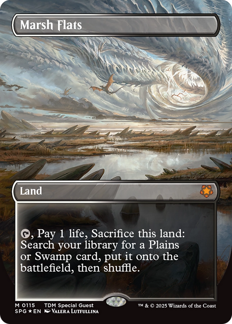 Marsh Flats (Borderless) (Dragonscale Foil) [Tarkir: Dragonstorm Special Guests] | Dumpster Cat Games