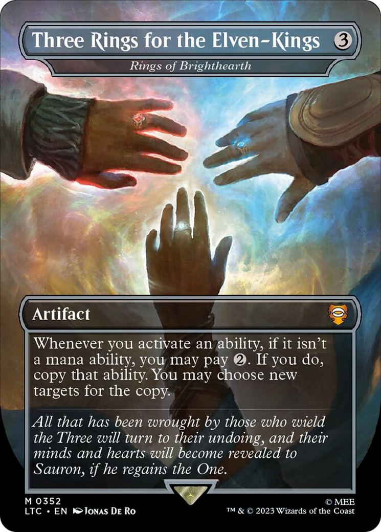 Three Rings for the Elven-Kings - Rings of Brighthearth (Borderless) (Surge Foil) [The Lord of the Rings: Tales of Middle-Earth Commander] | Dumpster Cat Games