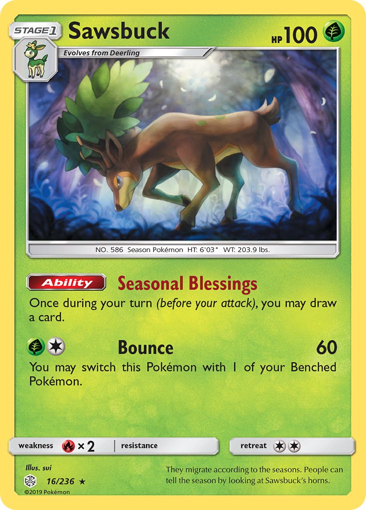 Sawsbuck (16/236) (Prerelease Kit Exclusive) (Theme Deck Exclusive) [Sun & Moon: Cosmic Eclipse] | Dumpster Cat Games