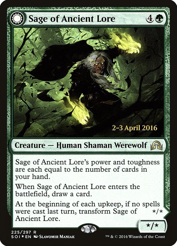 Sage of Ancient Lore // Werewolf of Ancient Hunger [Shadows over Innistrad Prerelease Promos] | Dumpster Cat Games