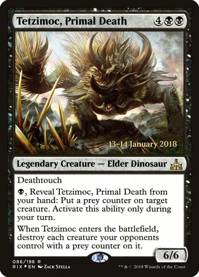 Tetzimoc, Primal Death [Rivals of Ixalan Prerelease Promos] | Dumpster Cat Games