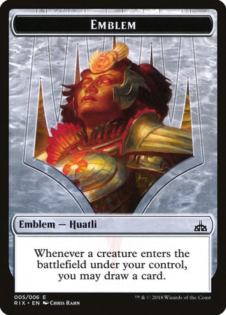 Emblem - Huatli [Rivals of Ixalan Tokens] | Dumpster Cat Games
