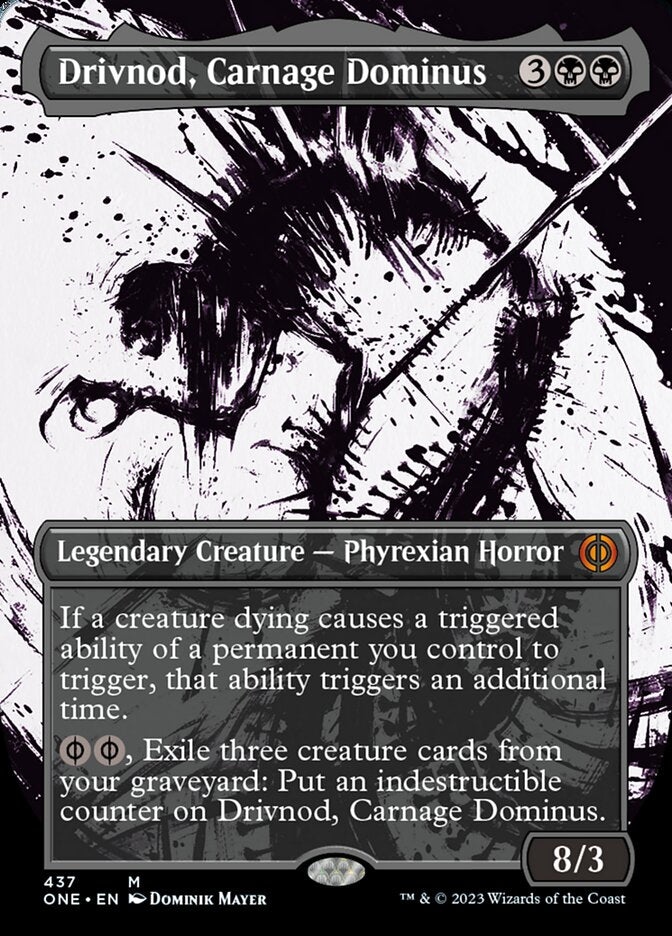 Drivnod, Carnage Dominus (Borderless Ichor Step-and-Compleat Foil) [Phyrexia: All Will Be One] | Dumpster Cat Games