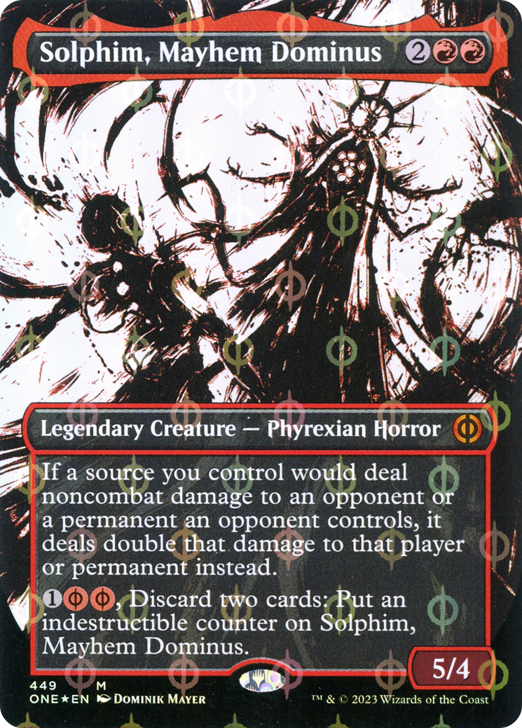 Solphim, Mayhem Dominus (Borderless Ichor Step-and-Compleat Foil) [Phyrexia: All Will Be One] | Dumpster Cat Games