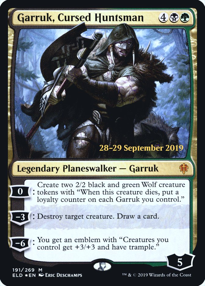 Garruk, Cursed Huntsman  [Throne of Eldraine Prerelease Promos] | Dumpster Cat Games