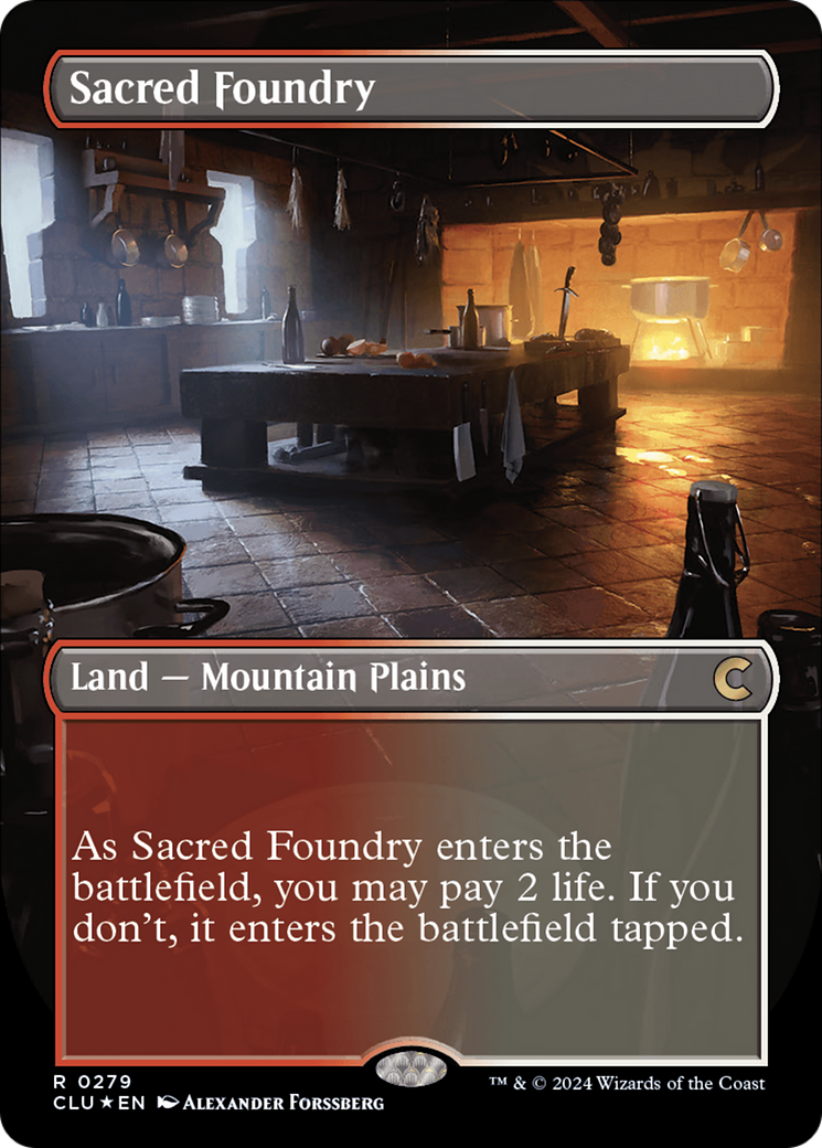 Sacred Foundry (Borderless) [Ravnica: Clue Edition] | Dumpster Cat Games